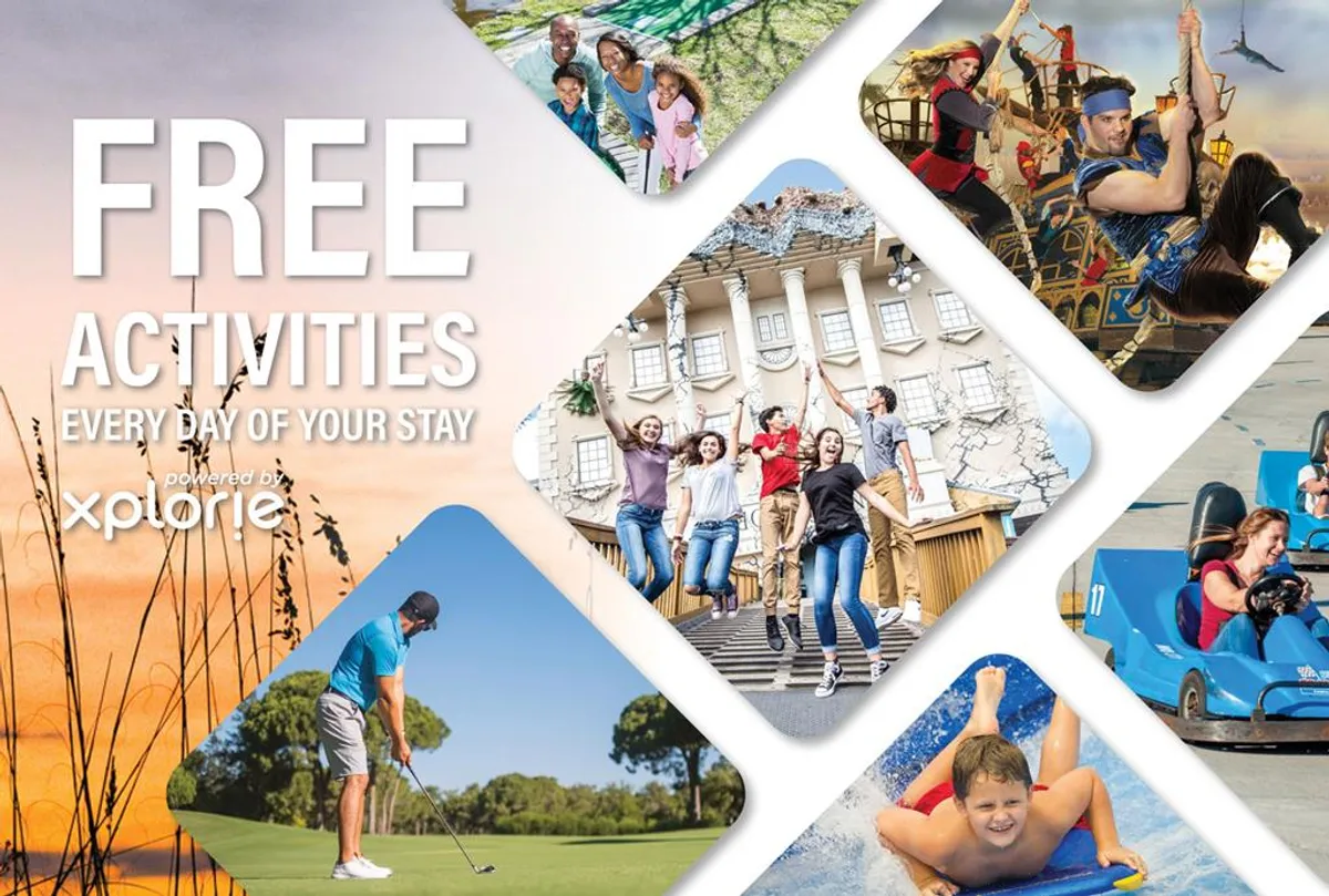 Families and friends engaging in a variety of vacation activities: children swimming, adults golfing, families enjoying an amusement park, and groups exploring local attractions. The bright, dynamic composition conveys fun, excitement, and the multi-generational appeal of the Free Fun Program.